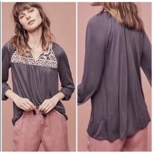 Anthropologie One September Nightingale Embroidered Top Women’s L Gray Tassel